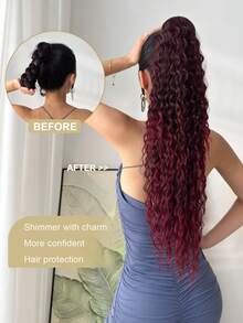 26-28 Inch Ombre Claw Clip-In Ponytail Extensions, Natural Wavy Texture, Heat Resistant Synthetic Hair, Brown To Red Gradient, Suitable For Women's Daily Use - Red Ombre - View 4