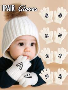 1 Pair White Infant & Toddler 26 Letter Embroidered Soft Knit Fashionable Cute Warm Gloves For Baby Boys & Girls, Suitable For Autumn/Winter Daily Wear - White - View 1