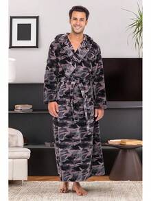 Mens Robe With Hood, Plush Fleece Hooded Mens Bathrobe, Big And Tall Bath Robe For Menhalloween - Black Gray Camouflage - View 4