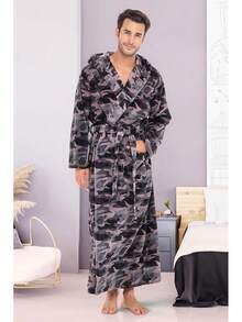 Mens Robe With Hood, Plush Fleece Hooded Mens Bathrobe, Big And Tall Bath Robe For Menhalloween - Black Gray Camouflage - View 3