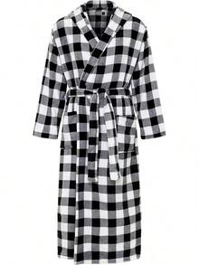 Mens Robe With Hood, Plush Fleece Hooded Mens Bathrobe, Big And Tall Bath Robe For Menhalloween - Buffalo Check White Black Plaid - View 1