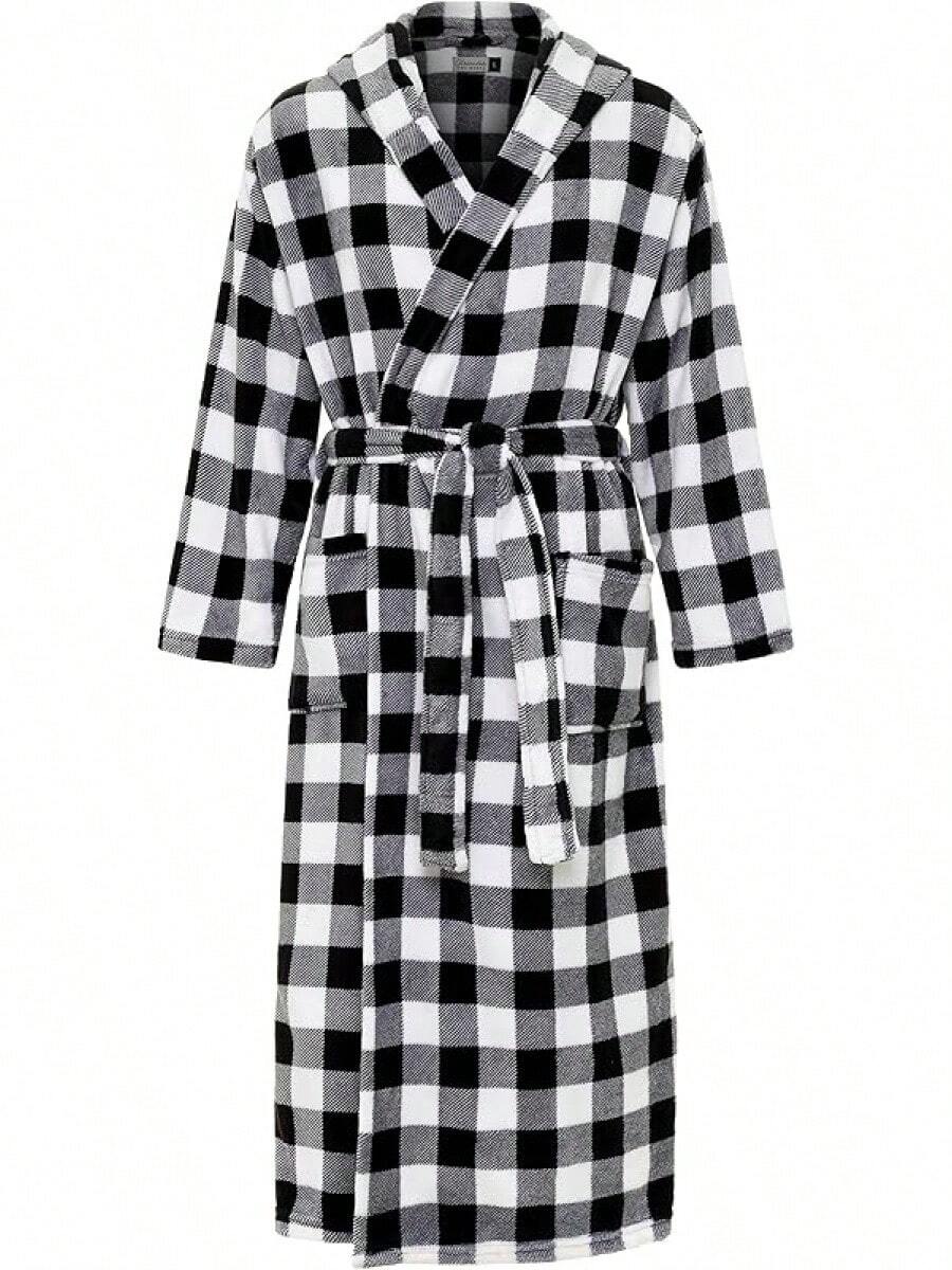 Mens Robe With Hood, Plush Fleece Hooded Mens Bathrobe, Big And Tall Bath Robe For Menhalloween - Buffalo Check White Black Plaid - View 1