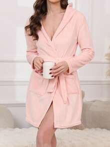 1pc Women's Solid Color Ribbed Robe, Minimalist Belted Sleepwear Bathrobe, Spring/Autumn/Winter, Fall - Pink - View 6