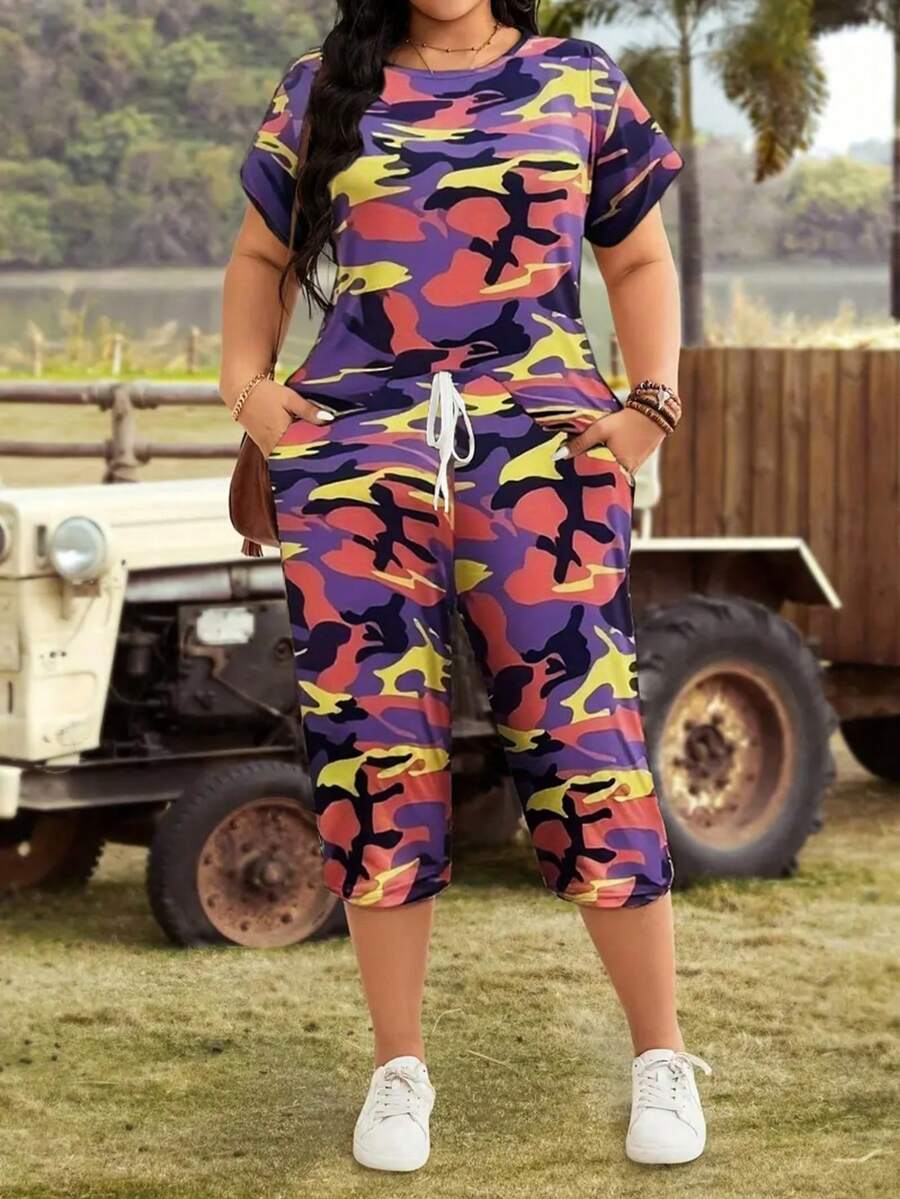 Plus Size - Plus Size Women'S Fashion Two-Piece Suit, Camouflage Print Round Neck T-Shirt And Cropped Pants Set, Camouflage Casual Two-Piece Suit - Nhiều màu - Xem 1