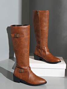 Botas hasta la rodilla de color marrón sólido para mujer, con diseño de hebilla de metal y cremallera lateral, botas de montar frías, botas de moda con puntera puntiaguda y tacón grueso de estilo punk gótico para otoño/invierno, fiesta - Marrón - Ver 1