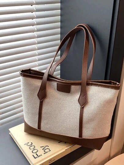 韩版亚麻拼色大容量2025休闲新款时尚通勤简约时尚单肩托特包女包适合休闲逛街