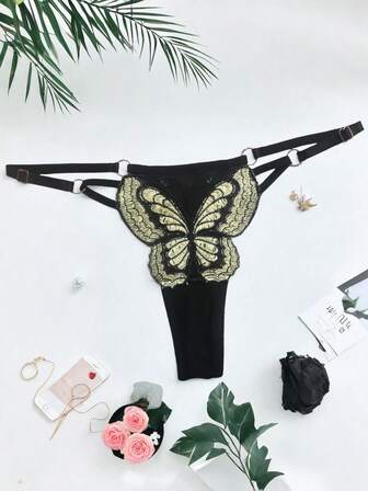 Sexiga underkläder för damer, sexiga underkläder, stora fjärilsbroderade stringtrosor, transparenta och moderiktiga T-byxor, låg midja och heta, justerbara underkläder som kan hålla leksaker, utsökta och dynamiska underkläder med fjärilsbroderi, ger en romantisk atmosfär till det övergripande utseendet.