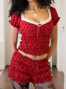 Women's Summer Pajamas Set Solid/Dot Print Lace Trim Smocked Short Sleeve Tops And Shorts Lounge Wear 2 Pcs Set - Red (polka Dots) - View 5