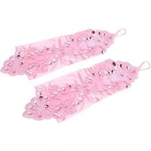 Lace Floral Gloves Fingerless Bridal With Sequin Women Satin Handwear For Wedding Prom Party Vintage Elegant Banquet Performance Ball Mittens Youth Stretchy Short Costume Arm Sleeve, Pink - Hồng - Xem 9