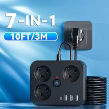 1pc Overload Protection Power Outlet With On/Off Switch, Short/Long Cord Option, Suitable For Office, Travel, And Home Use - EU E Type Plug(220-240V) - View 10