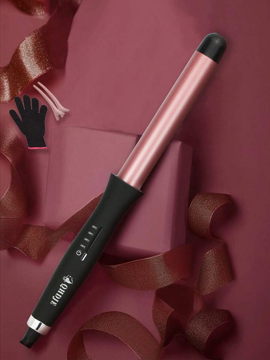 1pc QHDJE Rotating Multi-Temperature Curling Iron With Swivel Cord, 25mm Barrel Curling Wand For Versatile Hairstyles, Includes Clips, Gloves - Black - View 1