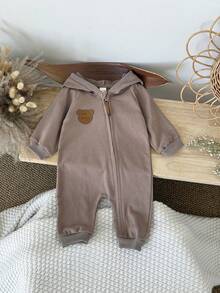 Newborn Baby Boy Clothes Jumpsuit, Bear Badge Decor, Long Sleeve, Hooded, Brown, Spring/Autumn - Brown - View 4