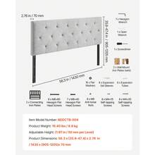 Headboard, Full Size Headboard With Adjustable Height, Comfortable Diamond Tufted For Full Size Bed, W 56.3 X H(35.6-47.4)Inches, Ideal For Bedroom, Hotel, Homestay, Dormitory, Light Grey - 灰色 - 查看 7