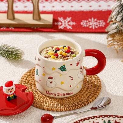 Caneca de Natal 2025, caneca criativa de Natal com tampa e colher, presente prático e elegante, decoração de Natal, atmosfera natalina de alta qualidade, adequada para café da manhã, aveia, café, grande capacidade