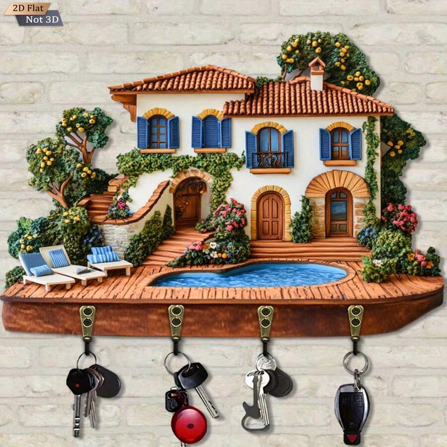 2D Flat Wooden Flower House Wall Key Storage Rack, Cute Flower Key Hook Wall Hanging, Key Bag Hanger, Coat Accessory Storage Hook Rack