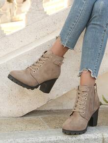 Elegant Rhinestone Decorated Women's Fashion Boots, Front Lace-Up, Side Zipper, Chunky Heel - Khaki - View 3