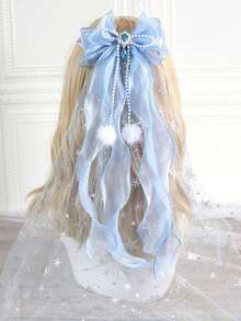 1pc Extra Large Ethereal Versatile Mesh Snowflake Print Lolita Bow Diamond Beaded Tassel Snowball Ribbon Organza Top Clip Hair Accessory, Princess Fairy Cosplay,Halloween - Multicolor - View 5