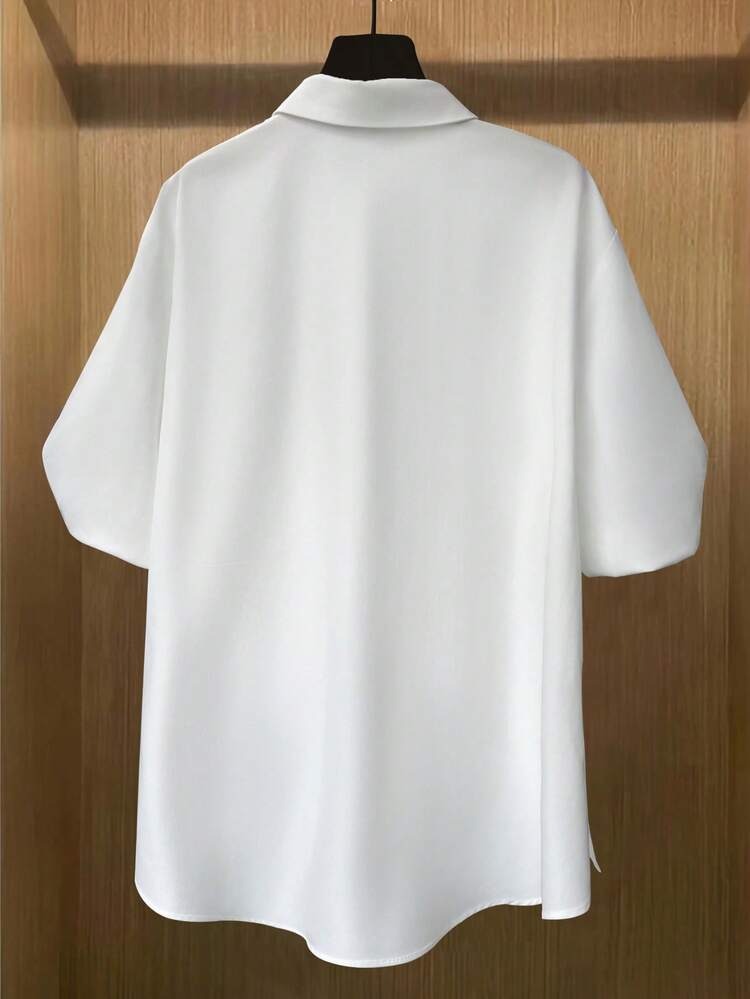 Women's Solid Color Asymmetrical Casual Short Sleeve Polyester Blouse, Summer White - White - View 2