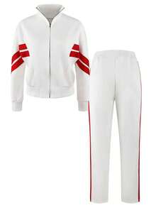 Women's New Colorblock Zipper Stand Collar Casual Two-Piece Suit, Long-Sleeved Striped Jacket And Casual Sports Pants, Machine Washable, Suitable For Daily Wear - trắng - Xem 3