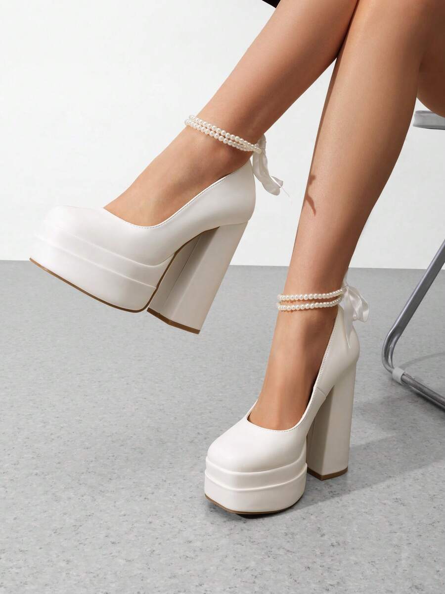 Women's  Chunky High Heels Mary Jane Platform Pumps Pearl Bow Fashionable Weddings Dating Festival Y2K Shoes For Fall And Winter - 白色 - 查看 1