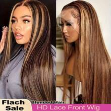 28 英寸 200% 密度蕾丝前部假发 真人混发直发假发 4/27 蜜金色渐变色预拔 4x4 高清透明蕾丝前部 自然迷人 适合女性 - S4/27 - 查看 2