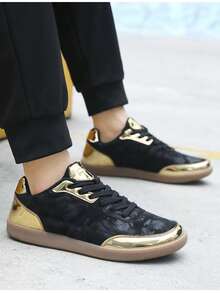 2025 Autumn New Arrival Plus Size Couple Shoes, Lightweight Soft Sole Sneakers, Color Block Lace-Up Sports Shoes - Black Gold - View 3