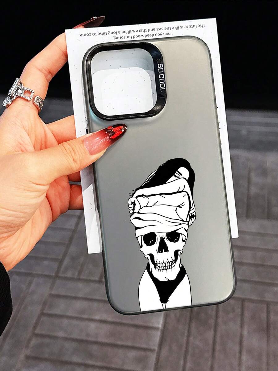 1pc Sexy Woman Skeleton Pattern Luxury Silver-Color IMD Thick Shockproof Anti-Fall TPU Phone Case, Compatible With IPhone/ Series - Black - View 1