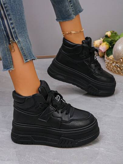 秋冬女式高帮休闲鞋，纯色，运动系带，时尚百搭，女式厚底运动鞋