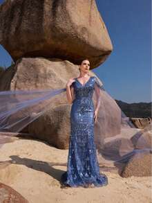 DELLA COUTURE Premium Gorgeous Dark Blue Beaded Elegant Mermaid Tulle V Neck Ball Party Evening Dresses For Formal Occasions - Dusty Blue - View 4