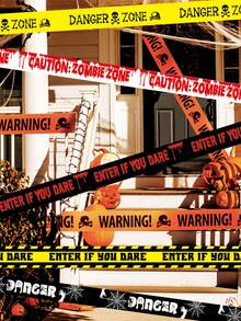 1pc Halloween Warning Tape Decoration - Dare To Enter Haunted House Sign, Featuring Skull And Blood Splatter Pattern, High-Quality Plastic Warning Tape, Suitable For Horror Party, Indoor/Outdoor Horror Decoration, Halloween Decoration, Spooky Decoration, Weather-Resistant Design - Multicolor - View 2
