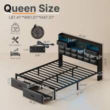 GREENSTELL Modern Upholstered Bed Frame ,Twin/Full/King/Queen Size Bed Frame ,With Storage Drawers & USB Charging Station , Storage Upholstered Headboard X LED Lights ,Duty Metal Slats ,Noise-Free,Easy Assembly - 黑色 - 查看 7