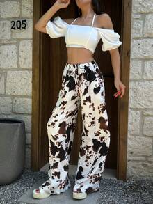 女式黑色牛纹宽松平纹细布裤，花卉印花，休闲优雅，系带腰部，适合度假和日常穿着 - 黑色 - 查看 2