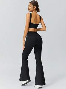 NcmRyu 1 Set Women's Fashion Solid Color Minimalist Casual Versatile Fitness Yoga Running Exercise Tank Top And Pants Sports Suit - 黑色 - 查看 2