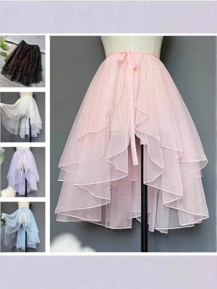 1 件女式不对称下摆荷叶边裙，有黑色、白色、粉色、浅蓝色、香槟色可选，适合婚礼、派对、表演、舞台表演、角色扮演、摄影、舞蹈、万圣节服装、洛丽塔风格秋季女装 - 彩色 - 查看 1