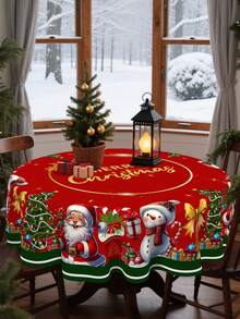 1Pc Christmas Tablecloth, Merry Christmas Table Cover With Snowman, Santa Claus, Christmas Tree, Bell And Snowflake Design, Diameter 150/180cm Polyester Round Tablecloth, Merry Christmas Decor, Christmas Party Supplies, Christmas Decoration, Xmas Decor, Christmas Decorations For Home - Multicolor - View 5
