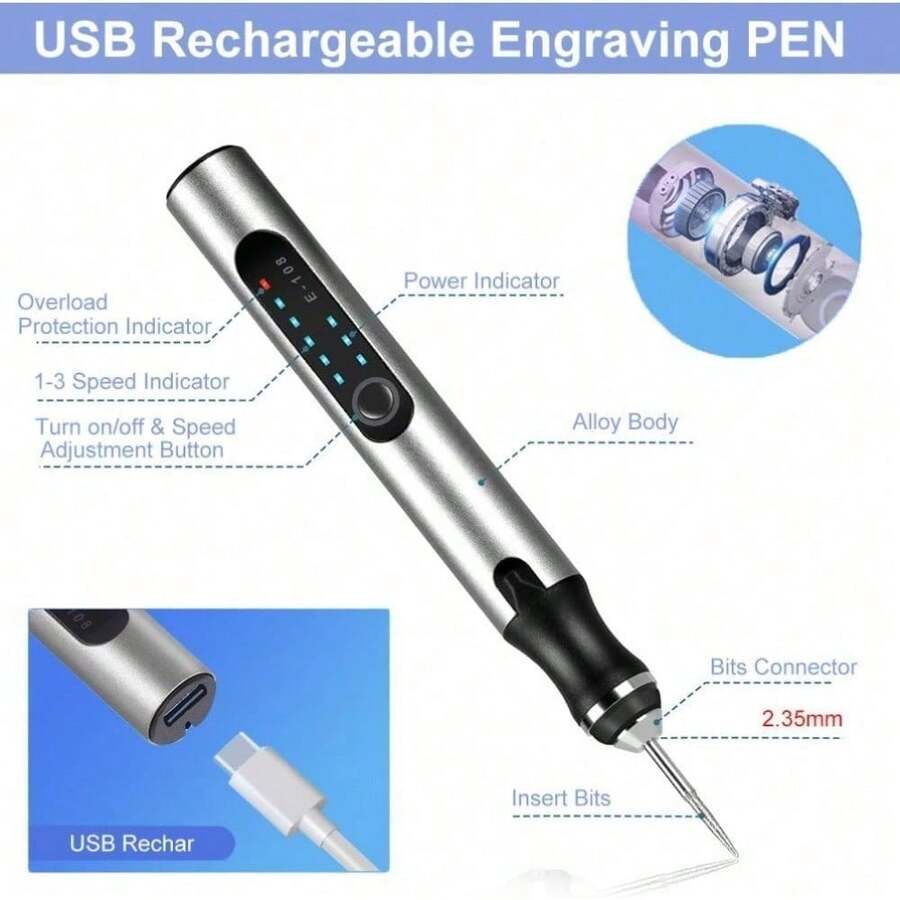 USB Rechargeable Custom Engraving Pen, Cordless Portable Tool For Metal Wood Glass And Plastic Electric Engraving Pen Kit Engraving Tool For Beginners - Silvery - View 1