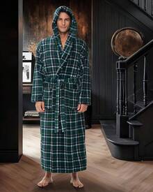 Mens Robe With Hood, Plush Fleece Hooded Mens Bathrobe, Big And Tall Bath Robe For Menhalloween - Hunter Green Plaid - View 9