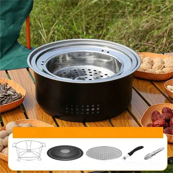4-In-1 Portable BBQ Grill,  Compact 27.5cm Stainless Steel Charcoal Barbecue For Beach Camping Picnic, Tabletop Grill With Heat-Resistant Handle & 7 Accessories