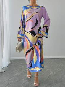 1 chiếc áo choàng nữ in hoa màu tím cổ tròn tay loe, kiểu dáng Abaya thanh lịch kiểu Ả Rập cho các dịp trang trọng, váy dự tiệc sang trọng mùa xuân. - Màu tím - Xem 3