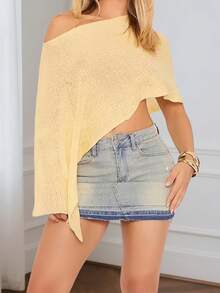 Women Knit Poncho Top Y2k Off Shoulder Crochet Sheer Shawl Asymmetrical Hem Cover Up Shrug Sweater Womens Sheer Poncho Shrug Bolero, Lightweight Summer Shrug Pullover Sweater - 黃色 - 查看 4
