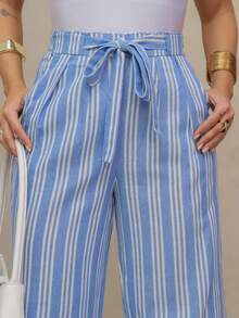 Linen Palazzo Pants With Front Tie And Vertical Stripes/240026-1 - 淺藍色 - 查看 5
