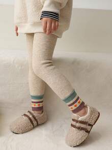 1pc Kids' Knitted Leggings, Warm Thermal Lined For Autumn/Winter, Colorful Striped Hem, Cute & Comfortable, Ideal For Daily Wear - Multicolor - View 4