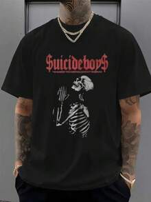 Suicideboy Skeleton Graphic 100% Cotton,180g Print T-Shirt,Men Clothing,Halloween Must-Have Latest Styles , Sleeved T-Shirt European And American Fashion Brand Printed Bottoming Shirt  Round Neck Casual  Top Cotton Short Sleeves, Round Neck Design For Comfort And Versatility, Personalized Print Pattern On The Front, Showcasing Excellent Quality Taste Fresh Classic  Sporty Casual Round Neck  Tee Machine Washable ﻿ - Black - View 2