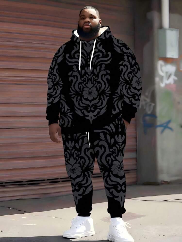 ZhuYa 热销“暗影图腾设计街头”印花连帽卫衣和运动裤套装，适合大码男士，休闲宽松街头运动服，舒适大码连帽卫衣 + 慢跑裤，适合春秋冬，舒适装扮 - 彩色 - 查看 1