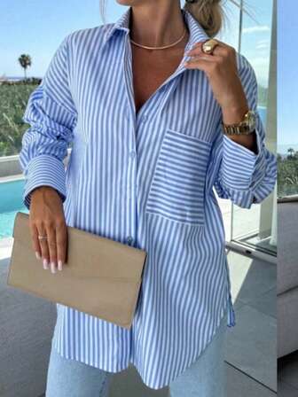 经典宽松蓝白条纹长袖加大码女式衬衫