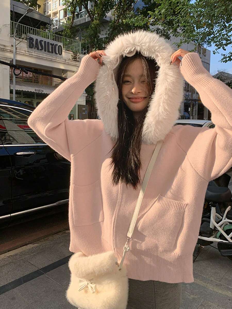 女士休闲毛领连帽针织开衫，宽松显瘦，秋粉色
