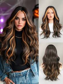 24 Inch Long Wavy Black Golden Highlight Wig For Women Heat Resistant Fiber Middle Part Hairpiece,Natural Synthetic Full Machine Hair Wigs For Daily Music Festival Party Wear, Cosplay Halloween & Street Photography Use - 挑染金色 - 查看 2