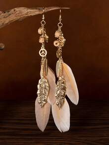 1对休闲波西米亚风天然羽毛和金叶女士长耳环 - 天然羽毛 - 查看 10