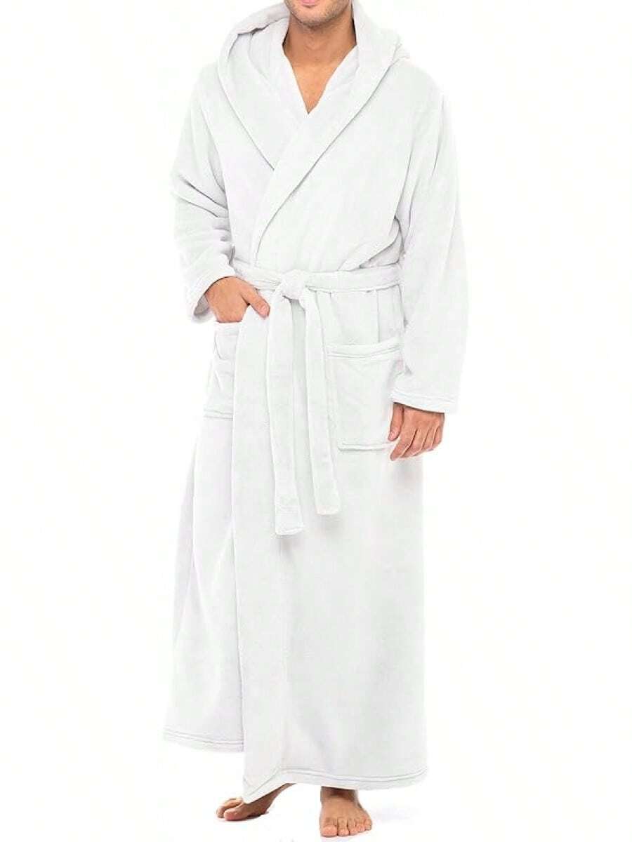 Mens Robe With Hood, Plush Fleece Hooded Mens Bathrobe, Big And Tall Bath Robe For Menhalloween - White - View 1