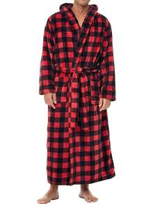 Mens Robe With Hood, Plush Fleece Hooded Mens Bathrobe, Big And Tall Bath Robe For Menhalloween - 紅黑水牛格紋 - 查看 2